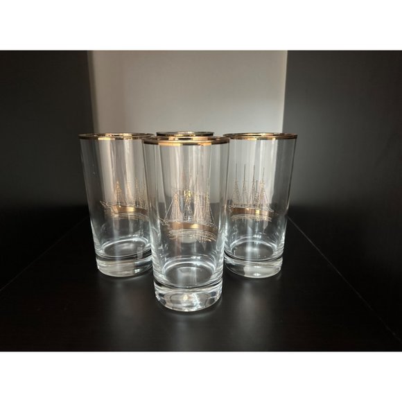 Vintage Set of 4 Midcentury 22K Gold Embossed Clipper Ship Glasses - Picture 8 of 8